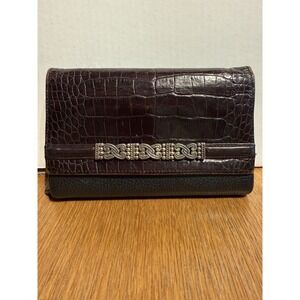 Brighton Leather Organizer Wallet Croc Embossed Brown Trifold Clutch Purse